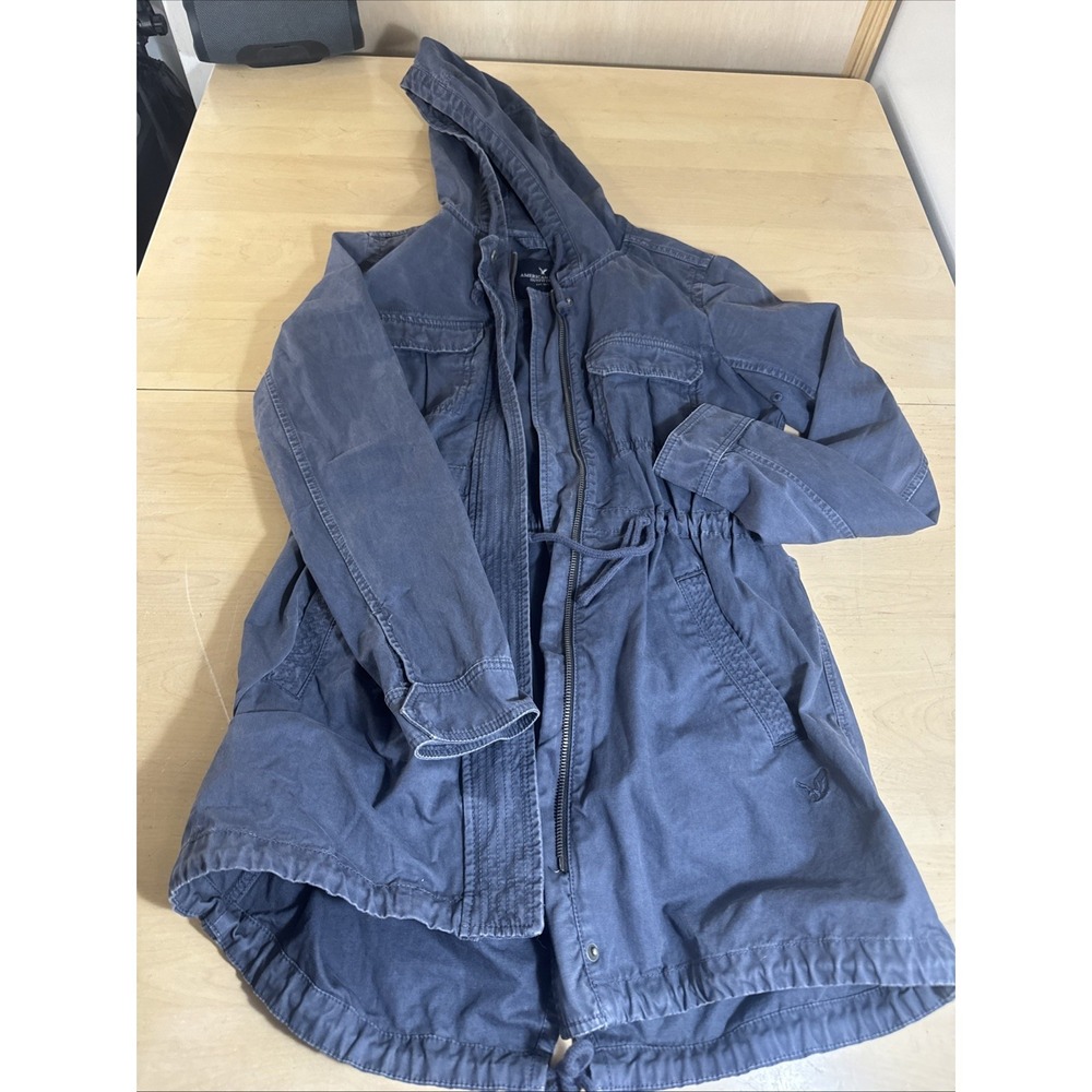American Eagle Full Zip Cinch Waist Hooded Utility Jacket Size Small Blue Cotton